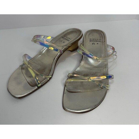 Stuart Weitzman Women’s 6 1/2 Gold Colored Hologram Sandals Gold Strap Heel - Picture 2 of 8